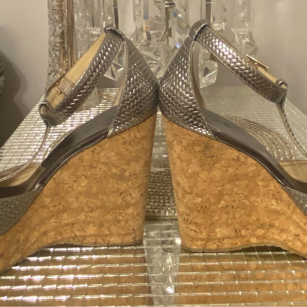 Jimmy Choo Pela Silver T-Strap Cork Platform Wedge Sandal Size 41 - Picture 10 of 16